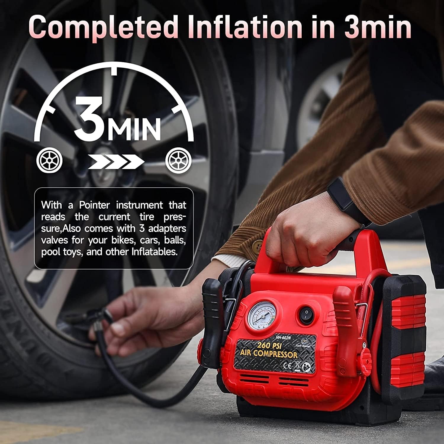 Car Jump Starter Power Pack with Air Compressor, 900A 12V Ultrasafe Lead-Acid Battery Booster Power Pack, Power Bank Charger with USB Socket and DC Outlet, 150PSI Tyre Inflator with 3 Adapters