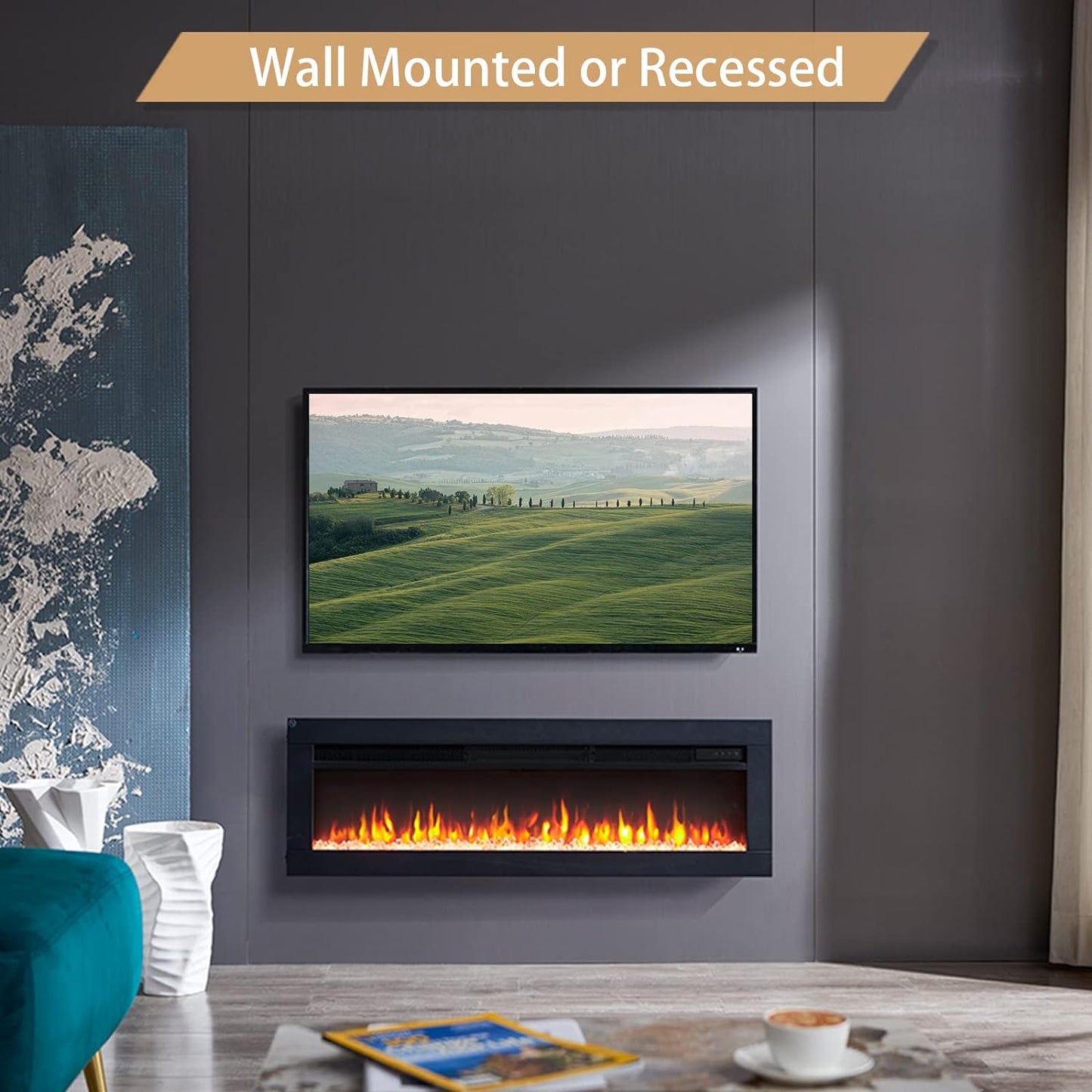 Dilton 40"/102Cm 3 in 1 Electric Fireplace, Freestanding, Wall Mounted, Recessed, 9 Colour Flame Effect, Media Wall Compatible, 900W - 1800W Heater, Remote Control