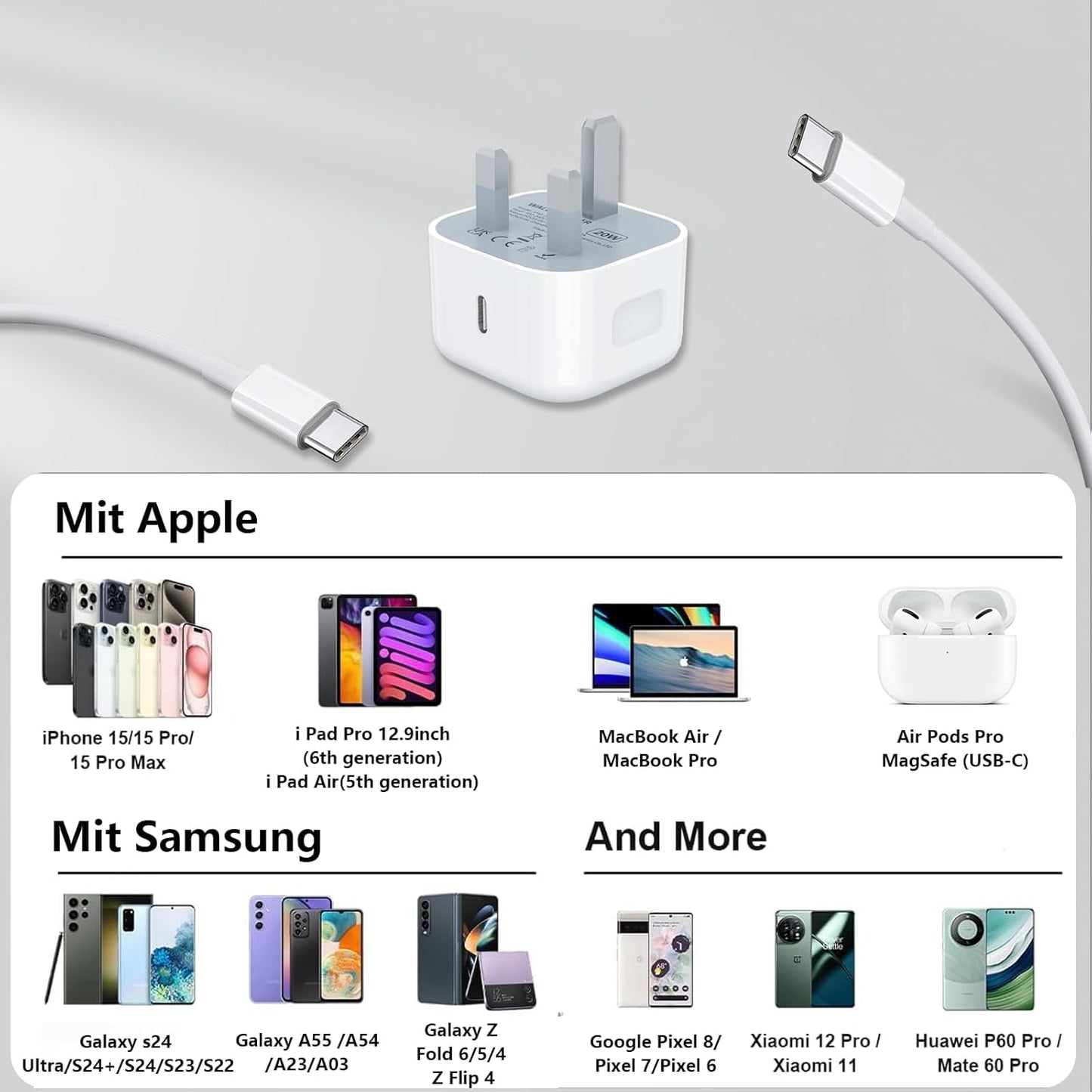 For Iphone 15 Charger, 20W USBC Charger Plug Fast Charging with 6ft USB C to Type C Cable,USB C Charger Cable and Plug Compatible with iPhone 15/15 Plus/15 Pro/15 Pro Max/16/16 Plus/16Pro Max/i Pad