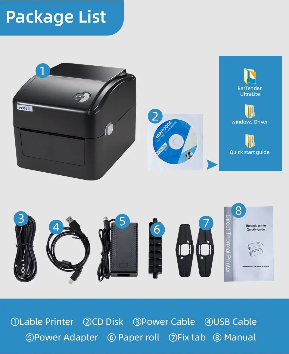 VRETTI 420B Wireless Bluetooth 4x6 Inch Thermal Shipping Label Printer Multifunctional High-Speed Printing Barcode Printer