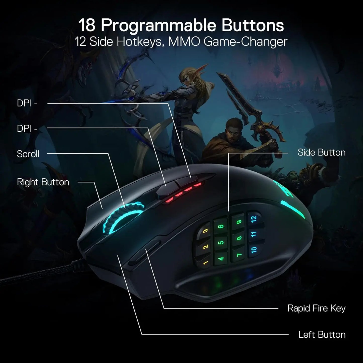 Redragon M908 RGB Backlight LED USB Wired Gaming Mouse 18 Programmable Mouse Buttons 12400 DPI