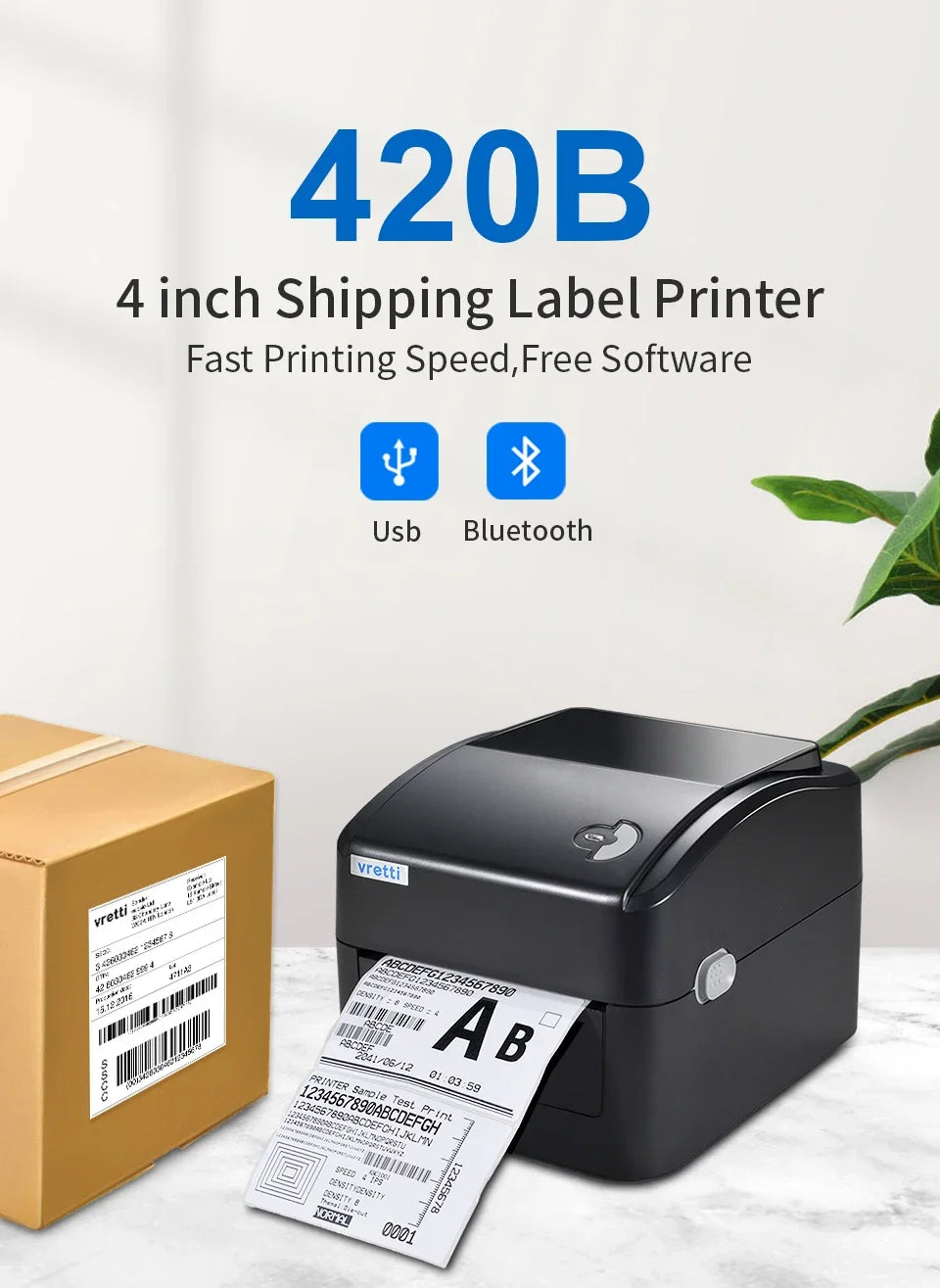 VRETTI 420B Wireless Bluetooth 4x6 Inch Thermal Shipping Label Printer Multifunctional High-Speed Printing Barcode Printer