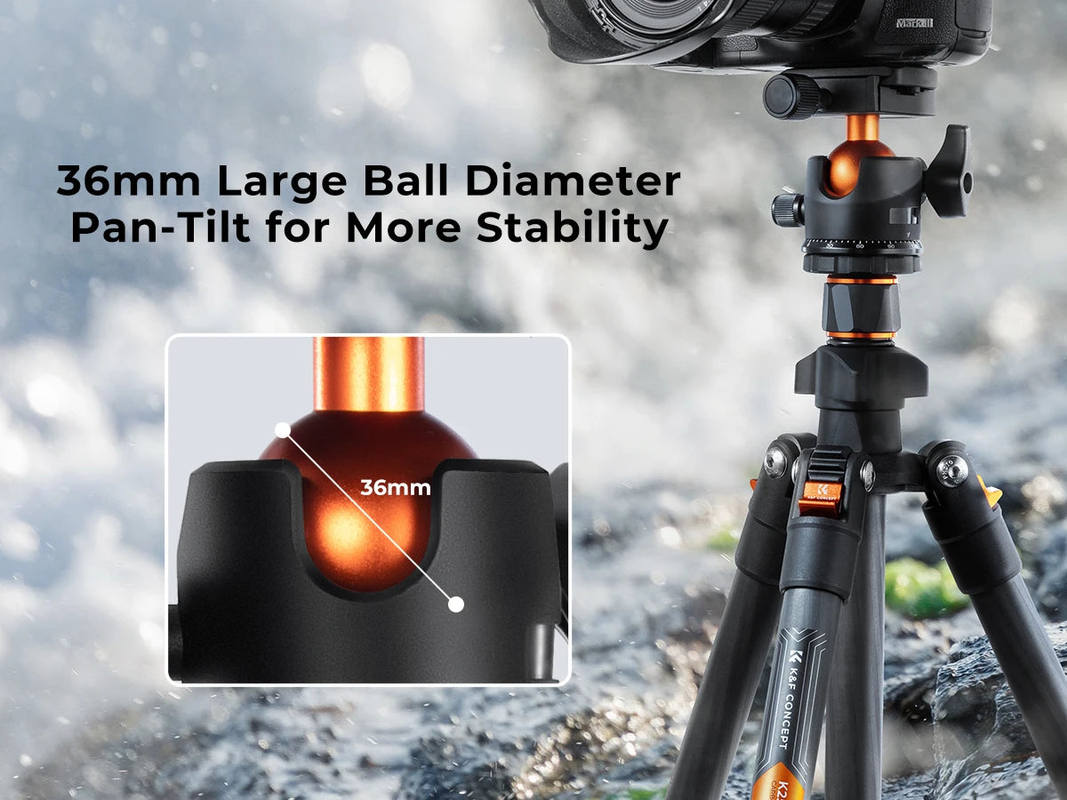 K&F Concept 64 inch/162cm Carbon Fiber Camera Tripod Lightweight Travel Tripod with 36mm Metal Ball Head Quick Release Plate