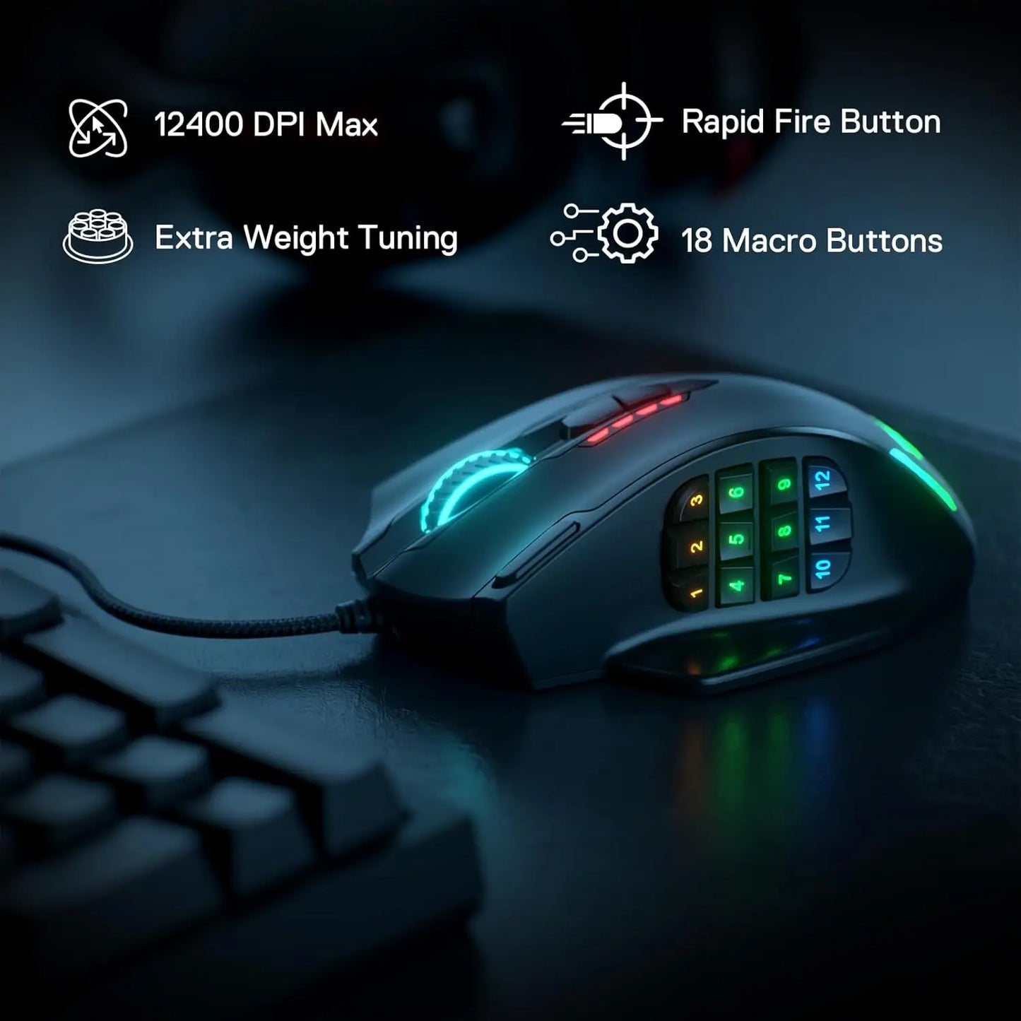 Redragon M908 RGB Backlight LED USB Wired Gaming Mouse 18 Programmable Mouse Buttons 12400 DPI