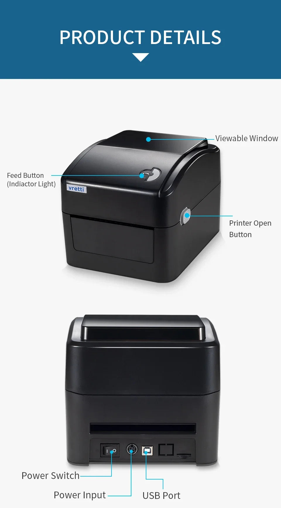 VRETTI 420B Wireless Bluetooth 4x6 Inch Thermal Shipping Label Printer Multifunctional High-Speed Printing Barcode Printer