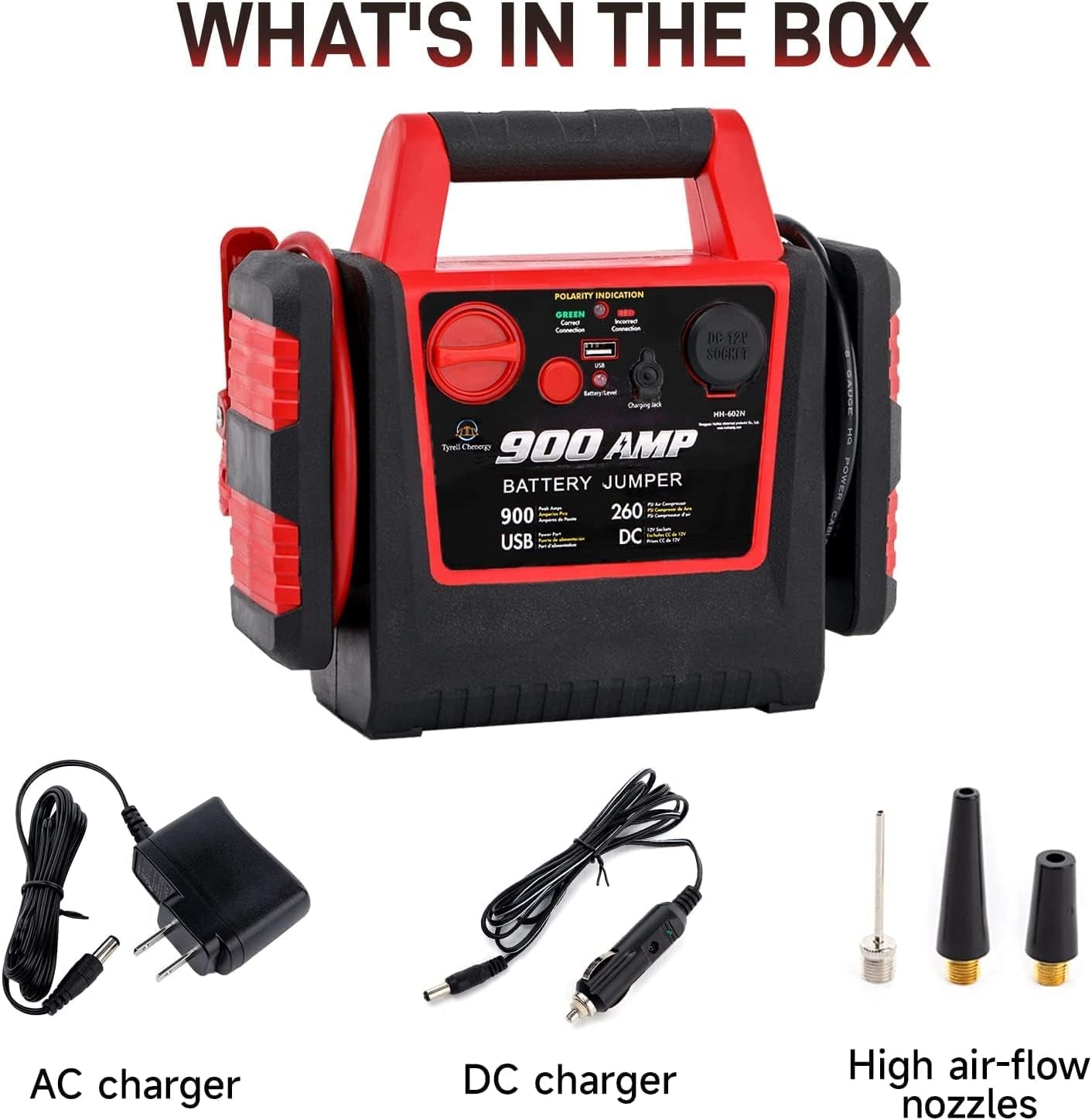 Car Jump Starter Power Pack with Air Compressor, 900A 12V Ultrasafe Lead-Acid Battery Booster Power Pack, Power Bank Charger with USB Socket and DC Outlet, 150PSI Tyre Inflator with 3 Adapters