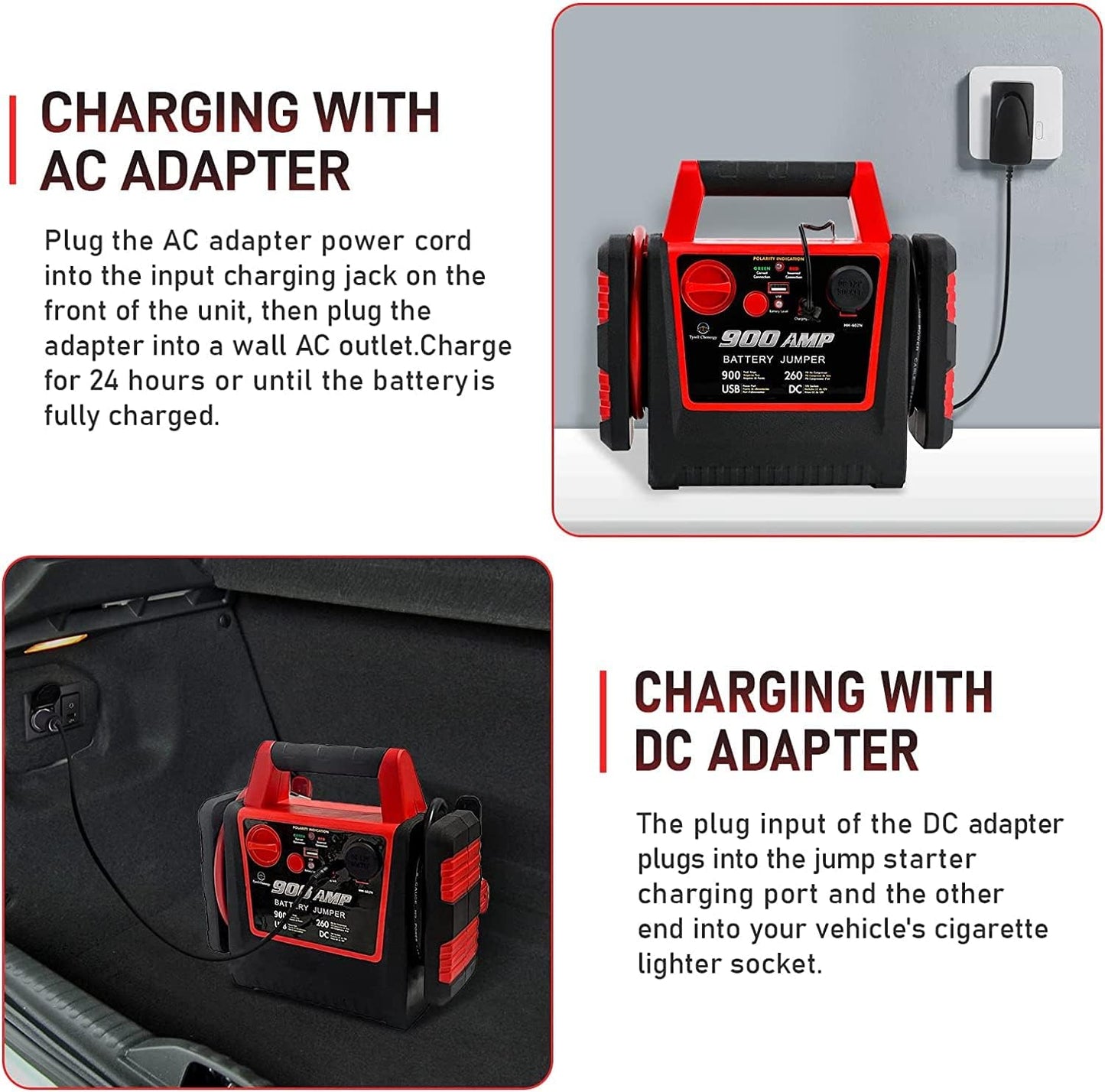 Car Jump Starter Power Pack with Air Compressor, 900A 12V Ultrasafe Lead-Acid Battery Booster Power Pack, Power Bank Charger with USB Socket and DC Outlet, 150PSI Tyre Inflator with 3 Adapters