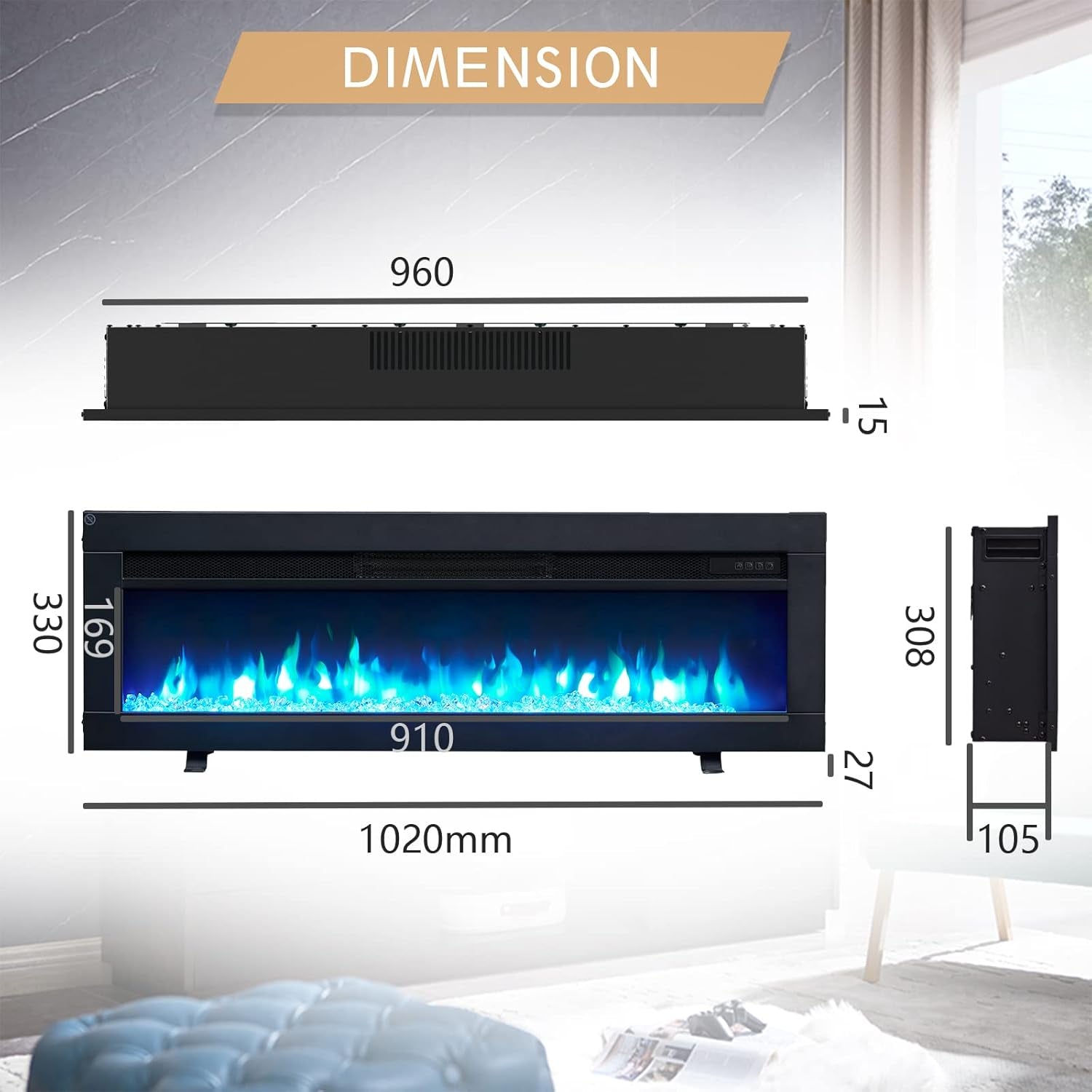 Dilton 40"/102Cm 3 in 1 Electric Fireplace, Freestanding, Wall Mounted, Recessed, 9 Colour Flame Effect, Media Wall Compatible, 900W - 1800W Heater, Remote Control